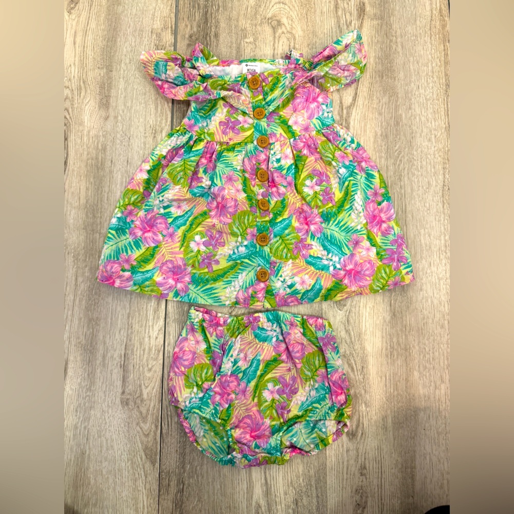 Tropical Floral Kids Dress Set - Pink and Green